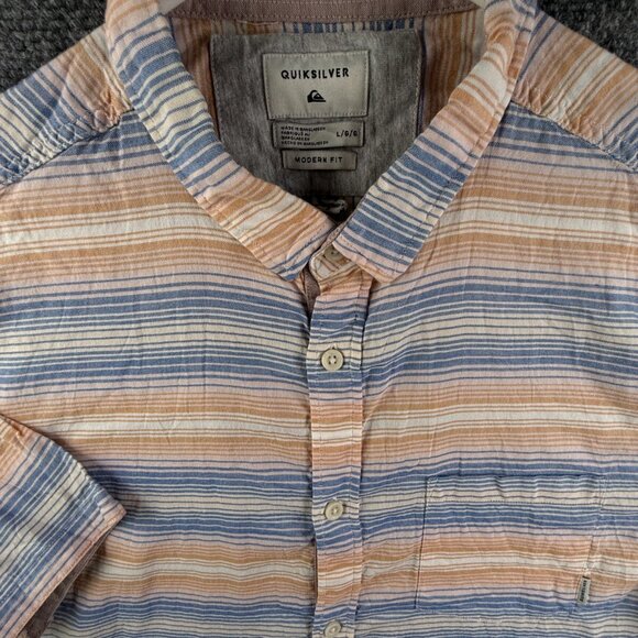 Quiksilver Men Short Sleeve Button Up Shirt Modern Fit Large Blue Orange Striped - Picture 1 of 14